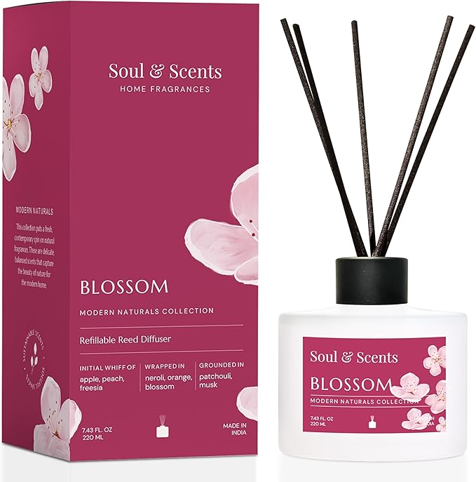 Soul & Scents Reed Diffuser Set – Blossom | 7.43 oz Refillable Scented Oil with 6 Fiber Sticks | Long-Lasting Home Fragrance & Air Freshener for Bedroom, Bathroom, Office | Gift & Décor Piece