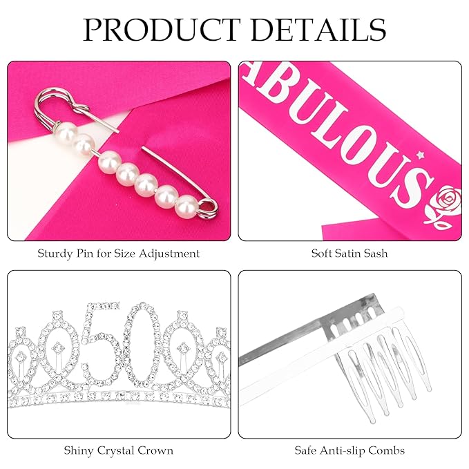 Casoty 50th Birthday Sash and Tiara, 50th Birthday Decorations for Women, 50 & FABULOUS Sash and Crown Set, Party Supplies Favors for Women, Gifts for Her