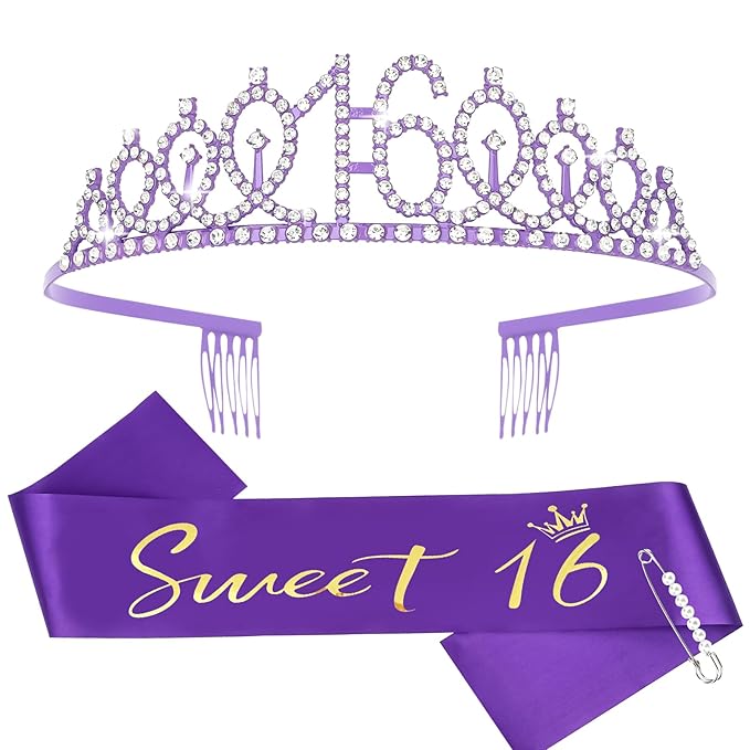 Casoty Purple 16th Birthday Sash and Tiara for Girls, Sweet 16 Party Decorations, Sweet 16 Sash and Tiara Set, 16th Birthday Decorations for Girls
