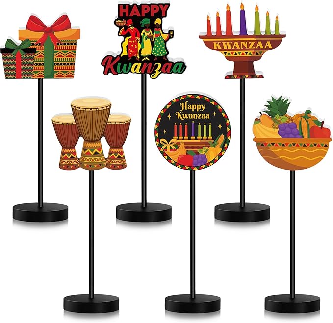 6 Pcs Kwanzaa Table Decor Happy Kwanzaa Decoration for Table Centerpieces Wooden Standing Signs Tabletop Decor for Home Office Room Desk Party Supplies