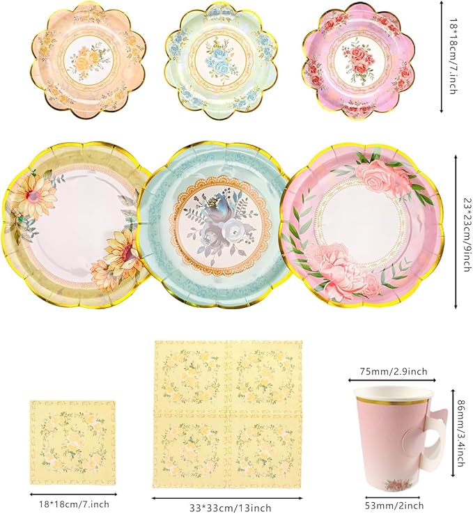 24 Sets Floral Paper Tea Cups and Saucers Disposable Tea Party Supplies, 7 Oz Teacup with Handle 9'' ＆ 7'' Paper Plate Napkin, Afternoon Tea Party Table Decorations for Birthday, Baby Shower, Wedding