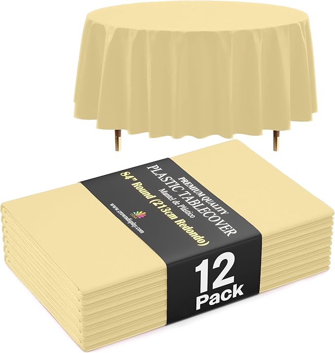 Exquisite 66% Thicker Premium Light Yellow Round Tablecloth 0.5 Mil 12 Pack Plastic Table Cloth Disposable 84 Inch Round Plastic Tablecloth Won't Tear Easily Like Cheap Thin Brands