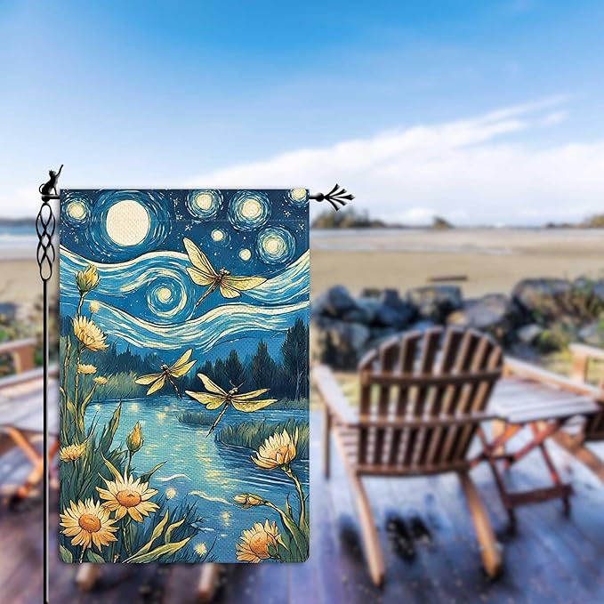 Welcome Summer Dragonfly Garden Flag Starry Night Garden Flag Small Flowers Vertical Double Sided Rustic Farmland Burlap Yard Lawn Outdoor Decor 12.5x18"