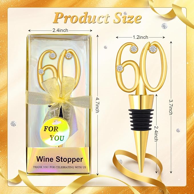 30Pcs 60th Birthday Wine Stopper Party Favors Gold Wedding Favor Wine Bottle Anniversary Wine Stopper Souvenirs for Guests Wine Bottles Stopper Decorative for Wedding Anniversary Parties(60th)
