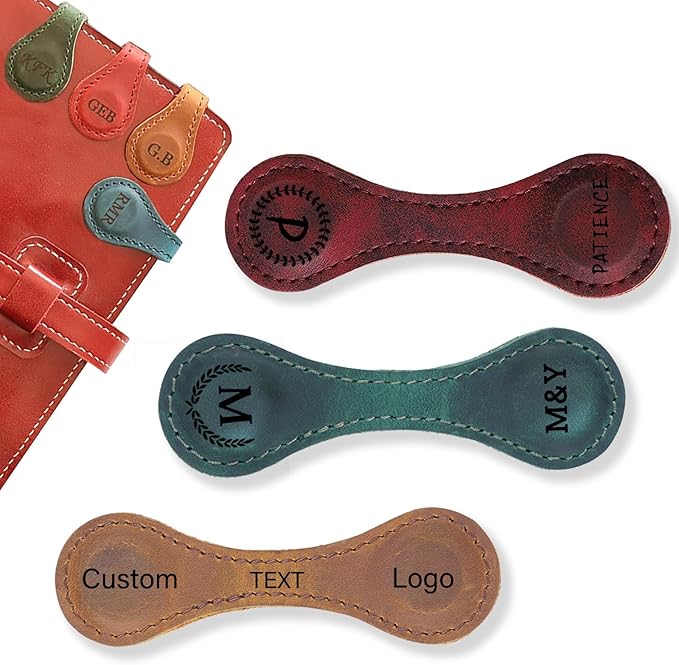 Custom Leather Magnetic Bookmarks Personalized Vintage Engraved Name Initials Text Book Marker Clips Customized Gifts for Readers Kids Book Lovers Classmate (Customizable)