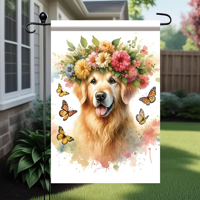 Starlit Patio Welcome Spring Summer Garden Flag 12x18 Double Sided Golden Retriever Dog Garden Flag Pet Flower Butterflies Yard Outside Decorations Floral Flower Seasonal Outdoor Small Home Decor