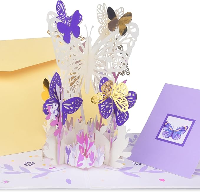 Purple Butterfly Flower Pop up Card, 3D Greeting Card Butterfly Gift for Women Wife Girl Daughter Mothers Day Anniversary Birthday, With Envelope and Note 5" x 7"