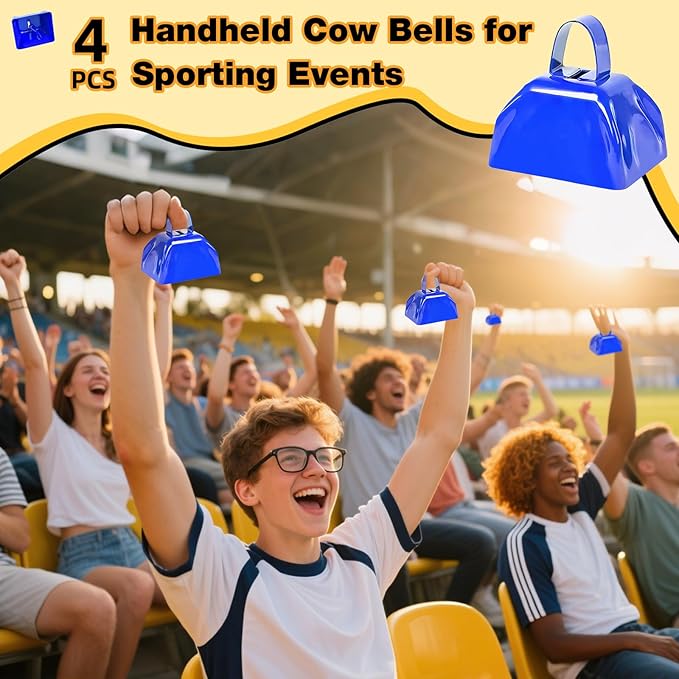6PCS Metal Cow Bells Noisemakers, 3 Inch Loud Cow Bell Noise Makers for Sporting Events Party Favors with Handles, Great for Football Competitions, Sports Games, Celebration Parties (Blue)