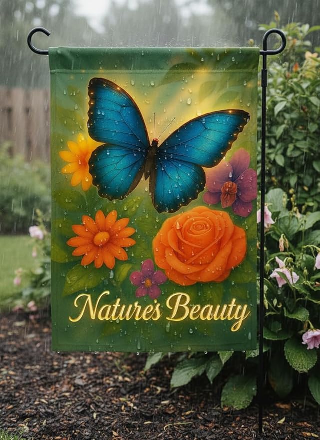 FLAGMEUP8386 Welcome Butterfly Garden Flag 12x18 Inch Double-Sided Polyester Yard Banner with Blue Morpho Autumn Flowers, Fall Flag for Thanksgiving Harvest Outdoor Decor, Porch, Lawn