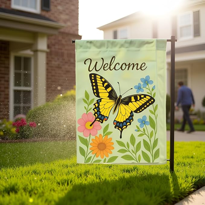 FLAGMEUP8386 Welcome Butterfly Garden Flag 12x18 Inch Double-Sided Polyester Yard Banner with Monarch and Swallowtail Floral Design, Outdoor Decoration for Butterfly Festivals, Labor Day and Fall
