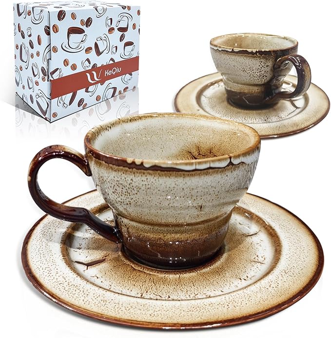 Latte Art Coffee Cup Set of 2 with Saucers - 8.5oz Ceramic Mugs for Cappuccino, Espresso & Tea - Microwave & Dishwasher Safe - Perfect Holiday Gift for Father's Day, Birthday, Housewarming