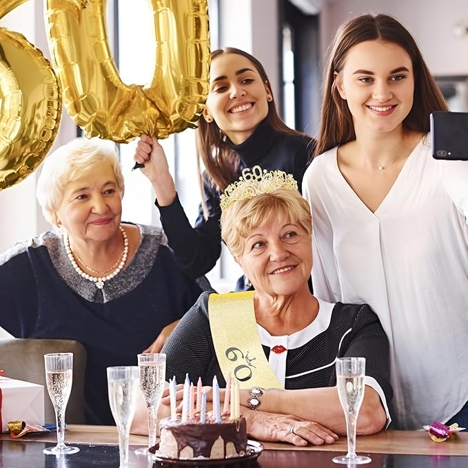CIEHER 60th Birthday Decorations for Women - 60th Birthday Crown + 60 & Fabulous Birthday Sash + Pearl Pin Set, Gold 60th Birthday Tiara, 60th Birthday Gifts Women Friends