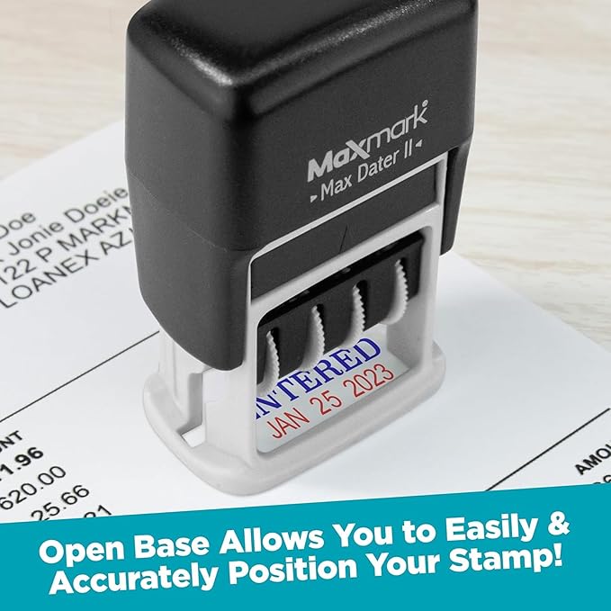 MaxMark Self-Inking Rubber Date Office Stamp with Scanned Phrase & Date - RED Ink (Max Dater II), 12-Year Band