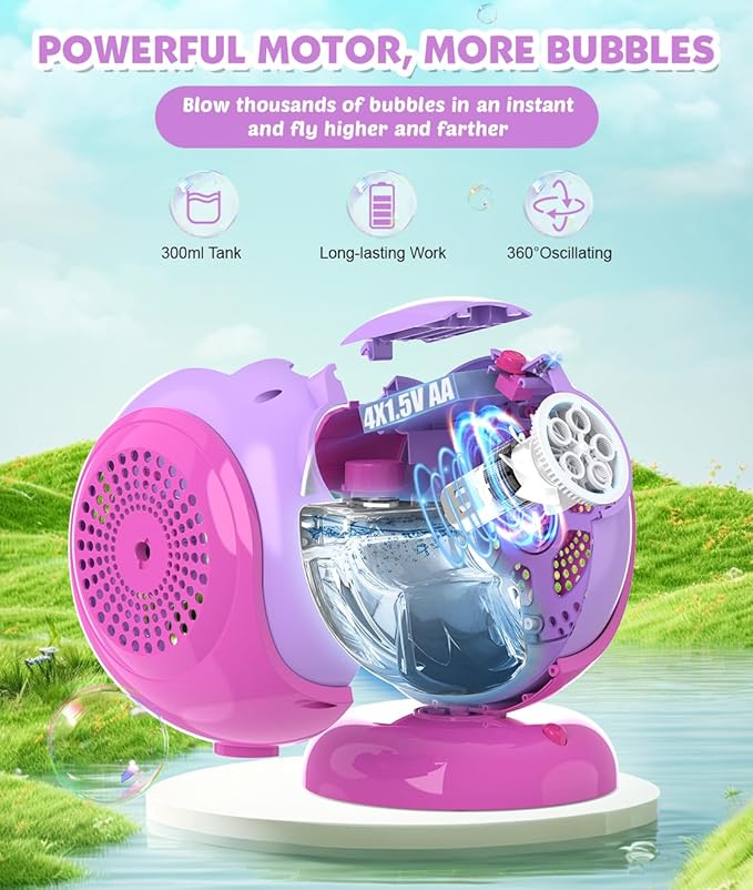 Bubble Machine, Automatic 360° Rotation & 75° Adjustment Bubbles Blower for Kids, Toddlers, Bubble Toys with LED Light - Gifts for Girls 1+ Year Old, Halloween, Outdoor, Birthday, Party