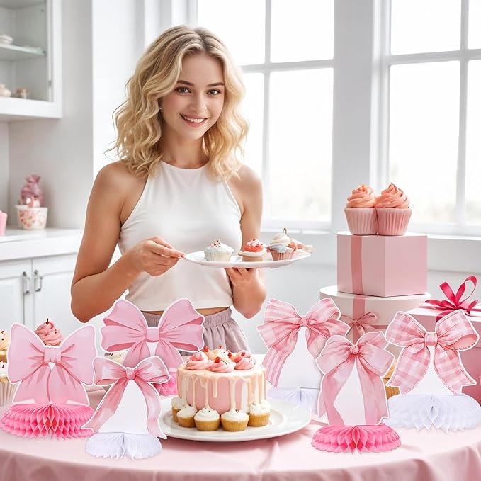 12 Pcs Pink Bow Party Honeycomb Centerpieces Pink Bow Table Centerpieces Coquette Theme Birthday Decorations Bow Party Decorations for Birthday Bridal Bachelorette Valentines Day Party Supplies