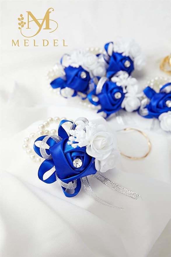 Meldel Royal Blue Wrist Corsages for Prom, Set of 4, Rose Wrist Corsages for Bridal Bridesmaid Girl Wedding Mother Women, Hand Flower for Wedding Formal Dinner Party Homecoming Ceremony Anniversary