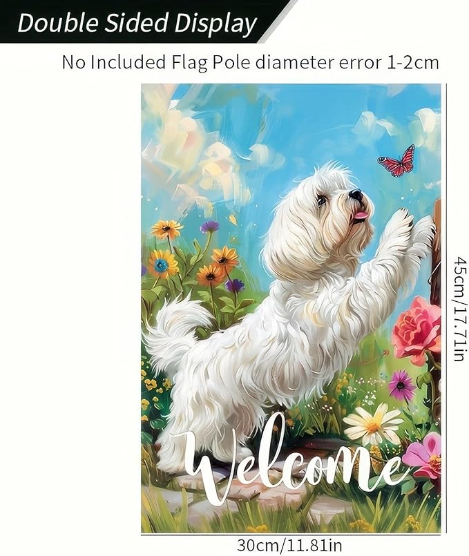 BlissYard Welcome Spring Summer Garden Flag Maltese Dog Flag 12x18 Double Sided Flowers Floral Seasonal Home Decor Banner Farmhouse Outdoor Yard Decoration Flag