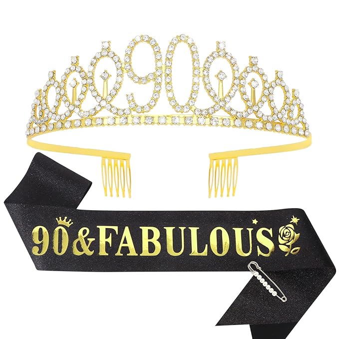 Casoty 90th Birthday Sash and Tiara, Birthday Decorations for Women, 90 & Fabulous Sash and Crown Set, Party Supplies for Women, Gift for Her