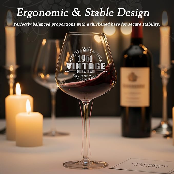 Crystal Burgundy Wine Glasses Cup Red Long Stem White Personalized Cute Large Women 65th Birthday Gifts for Her 65 Years Old Best Vintage 1961 Funny Cool Friend Gift Unique Birthday Party Decorations