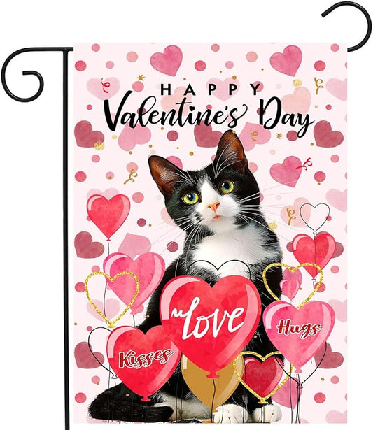Tuxedo Cat Valentine Garden Flag Valentines Day Flags for Outside 12x18 Double Sided Small Yard Flags Cat Valentine's Day Decor Outdoor Lawn Valentines Banners Front Porch