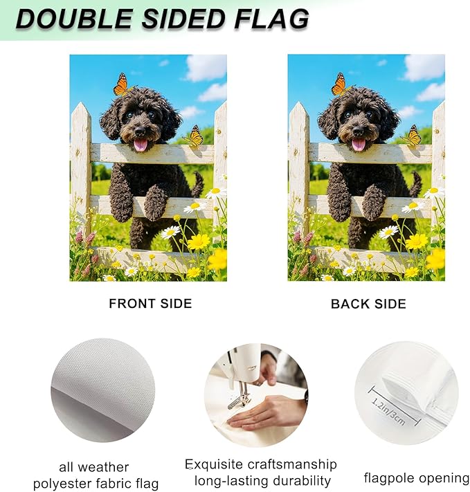 IVN Spring Garden Flag 12x18 Inch Double Sided Curly Brown Dog and Butterfly Scene Outdoor Yard Flag for Outside Front Door Lawn Porch Patio Welcome Decor