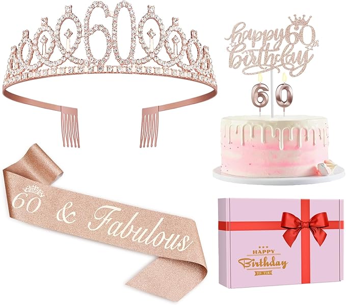 60th Birthday Decorations for Woman, Including 60th Birthday Sash and Crown, Cake Topper and Candles, 60 Year Old Gifts for Women
