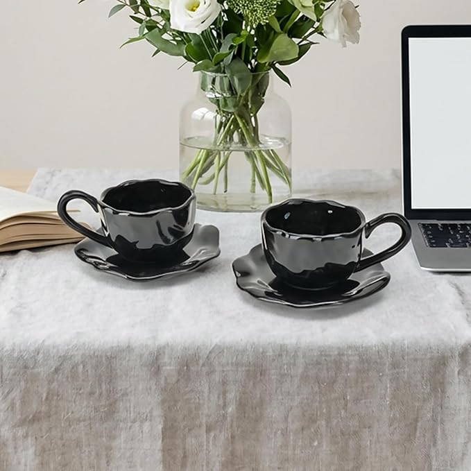 Ceramic Espresso Cups with Saucers 6 oz,Coffe Cups for Cappuccino,Latte,Tea with Saucers Set of 2 - Flods - Black