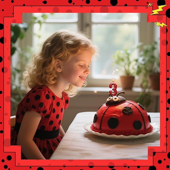 Ladybug Theme Birthday Candles - Red & Black Polka Dot Decorative Candles for Kids Ladybug Themed Parties, Baby Showers, Birthday Cakes, and Ladybird Inspired Celebrations(Number 3)