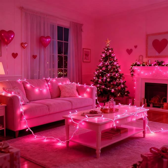 WATERGLIDE Valentine's String Lights, 100 Count 20 FT White Wire Mini Incandescent Christmas Fairy Lights, UL Certified for Patio Wreath Garland Garden Easter Holiday Outdoor Indoor Decor, Pink