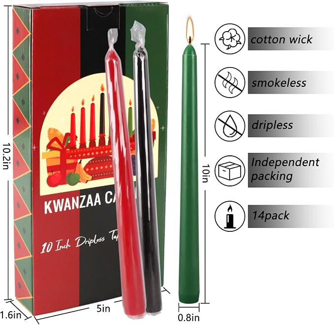 14-Pack Kwanzaa Candles Set - 6 Red, 2 Black, 6 Green Taper Candles, 10 Inch Unscented for Kinara, Holiday Centerpiece, African American Celebration, Principles & Heritage