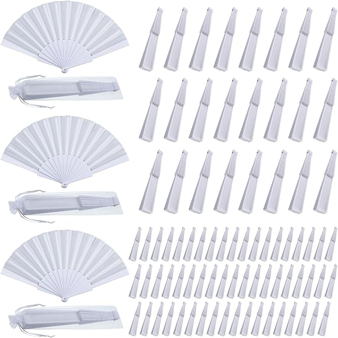 Wenqik 80 Pcs Wedding Folding Hand Fans Bulk Silk Fabric Chinese Handheld Foldable Clack Fans with Plastic Ribs for Party, Wedding Gifts, Line Dancing, Home Decorative (White)