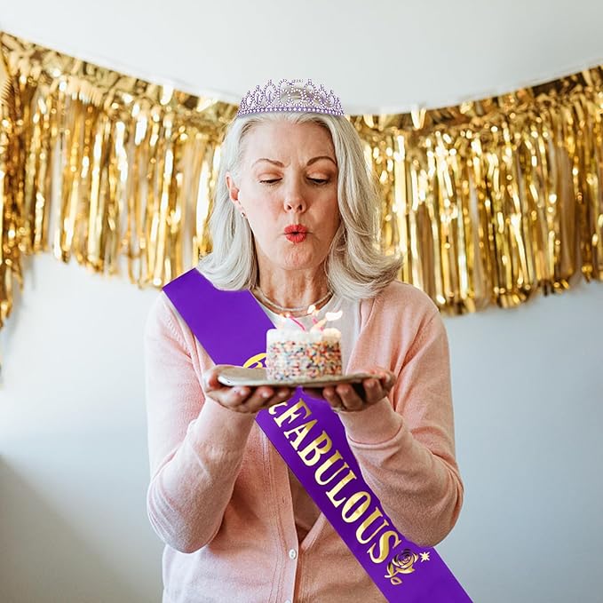 Casoty Purple 65th Birthday Sash and Tiara, 65 and Fabulous Sash and Tiara Set, 65th Birthday Decorations for Women, Happy Birthday Party Supplies for Women, Gfits for Her