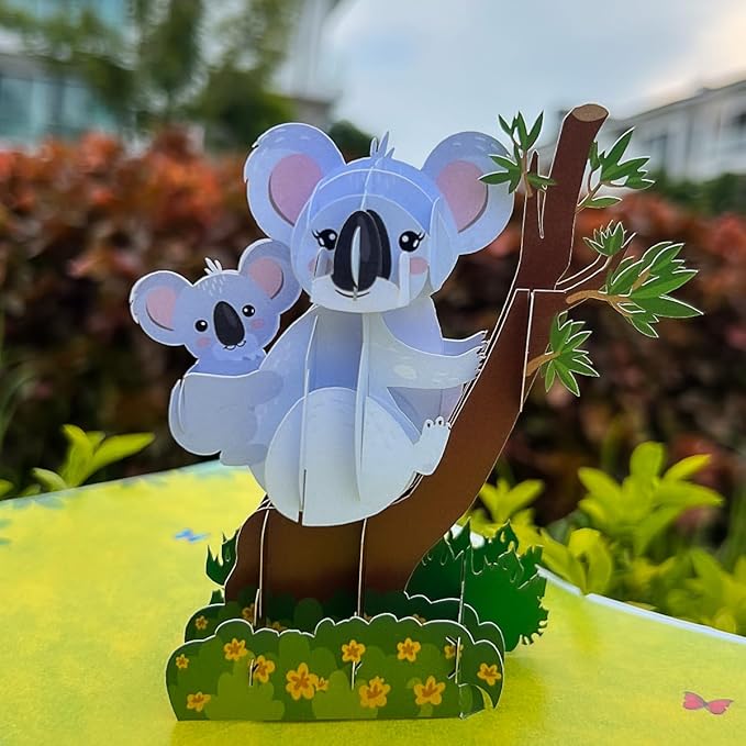 CUTE POPUP Enchanting Koala Mother & Baby Pop Up Card - Premium 6x6 inch Handcrafted 3D Greeting Card - Captivating Masterpiece for Mom's Birthday, Women, Family (Breathtaking Gift)