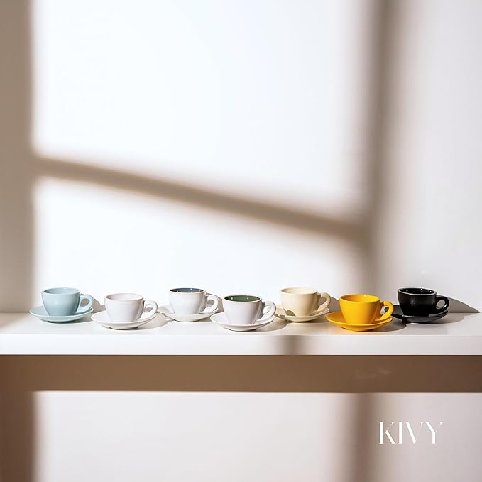 KIVY Cappuccino cups set of 4 [8oz] - Thick-walled stoneware cappuccino cup set for latte art - Latte mugs - Latte cups - Coffee mug - Latte art cup - Ceramic latte cup and saucer set of 4 - Blue