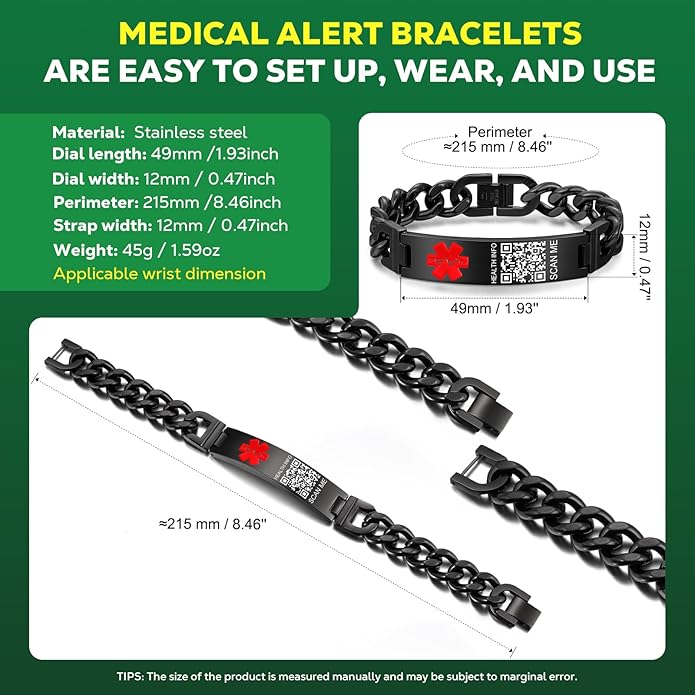 Upgraded Medical Bracelets Men Women with QR Code Medical Alert ID Bracelets - Titanium Steel Wristband Fits Wrists Up 8''-10'' - More Space Custom Emergency Med ID Info
