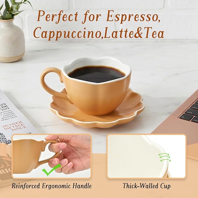 Ceramic Espresso Cups with Saucers 6 oz,Coffe Cups for Cappuccino,Latte,Tea with Saucers Set of 4 - Flower - Caramel Brown