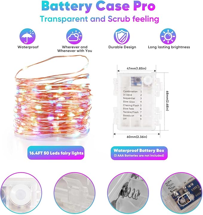 Ariceleo 4 Pack 16.4 Ft. Battery Operated Outdoor String Lights with Remote & Timer, LED Multi Color Fairy Lights, Waterproof Twinkle Lights for Bedroom, Dorm, Mason Jar, Wedding, Party, Christmas