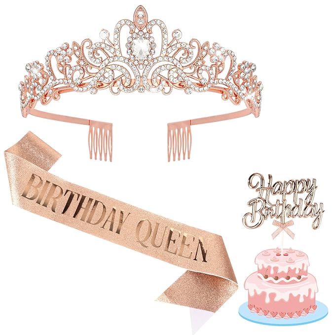 Semato Birthday Crown and Sash Kit Birthday Decorations for Women Tiara Princess Party Supplies and Favors (queen)
