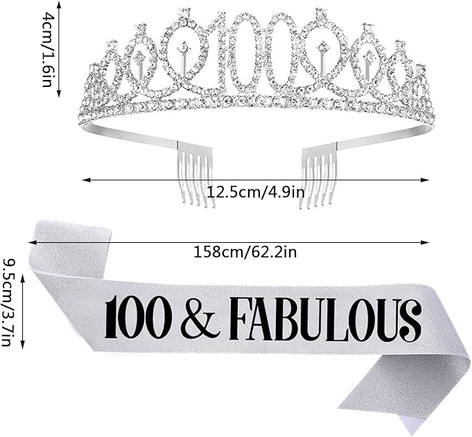 100th Birthday Sash and Tiara for Women, 100 & Fabulous Sash and Tiara Birthday Crown, Happy 100th Birthday Gifts for Queen Woman Party Favors Supplies and Decorations, Silver