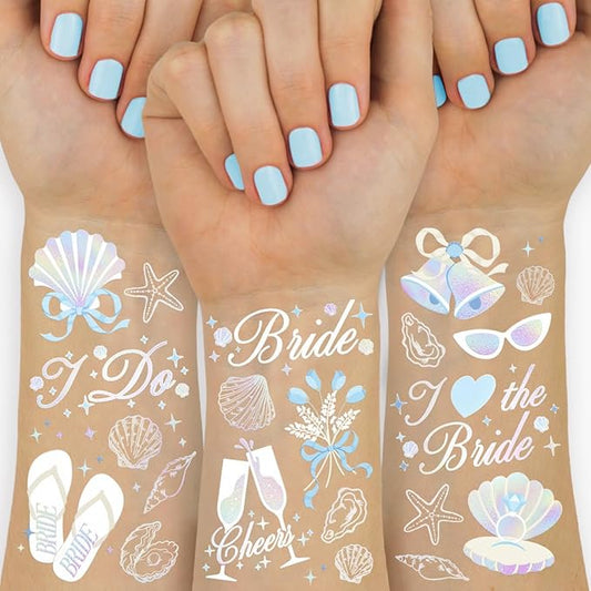 xo, Fetti Seashells + Wedding Bells Tattoos, 60 designs | Bachelorette Party, Bridal Shower, Beach Bach, Bridesmaid Favors