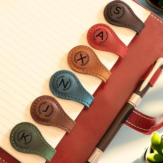 Magnetic Leather Bookmark with 26 Initial for Reading Women,Personalized Magnet Book Marks Gifts for Men,Book Lovers (Dark Brown, U)