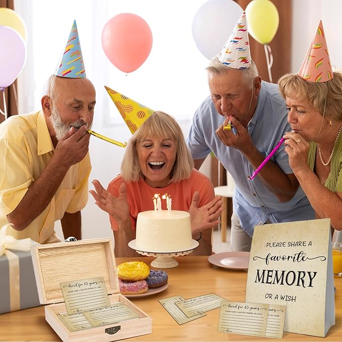 65th Birthday Party Share a Memory Set, 1961 Birthday Gifts for Women Men, 1961 Wooden Share A Memory Box with Memory Sign and 50 Pcs Memory Cards, 1961 Birthday Gifts, 65th Birthday Party Decorations