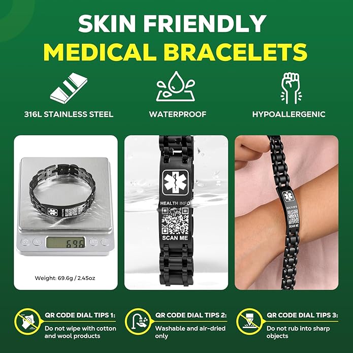 Upgraded Medical Bracelets Men Women with QR Code Medical Alert ID Bracelets - Titanium Steel Wristband Fits Wrists Up 8''-10'' - More Space Custom Emergency Med ID Info