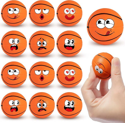 12 Pack Basketball Stress Balls with 6 Funny Faces - 1.57 Inch Mini Squishy Basketball Party Favors, Goodie Bag Stuffers, Classroom Treasure Box Prizes, Teen Anxiety Relief Toys & Kids Birthday Gifts