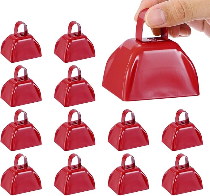 PATIKIL 3inch Cow Bells for Football Games, 12pcs Cowbells for Sporting Events Bulk Loud Noise Makers Metal Cow Bell with Handle for Cheering Competition Marathon Wedding DIY Paint, Red