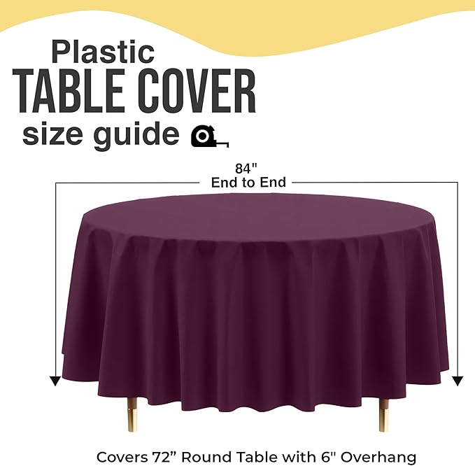 Exquisite 66% Thicker Premium Plum Round Tablecloth 0.5 Mil 6 Pack Plastic Table Cloth Disposable 84 Inch Round Plastic Tablecloth Won't Tear Easily Like Cheap Thin Brands