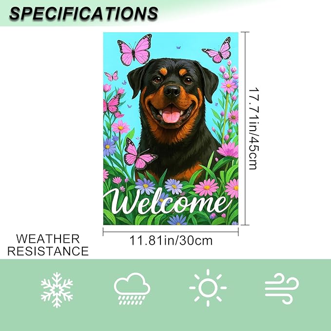IVN Welcome Dog Garden Flag 12x18 Inch Double Sided Rottweiler Butterfly Flower Outdoor Yard Flag for Home Front Door Lawn Porch Summer Decor