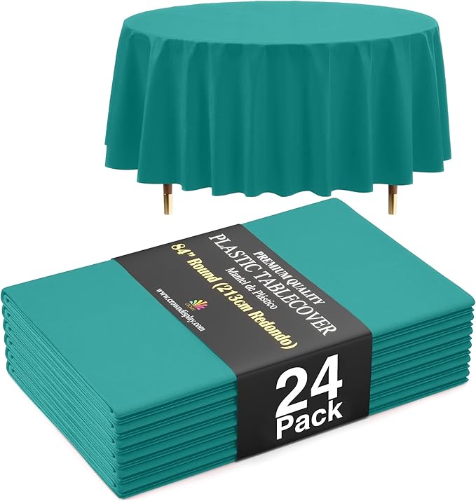 Exquisite 66% Thicker Premium Teal Round Tablecloth 0.5 Mil 24 Pack Plastic Table Cloth Disposable 84 Inch Round Plastic Tablecloth Won't Tear Easily Like Cheap Thin Brands