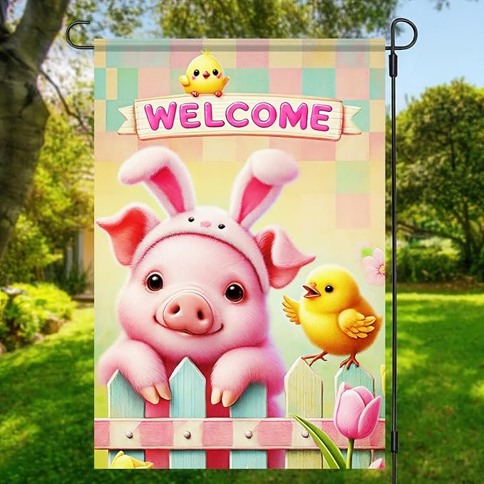 BlissYard Spring Garden Flags 12x18 Double Sided Adorable Piglet and Chick Welcome Garden Decor Banner Spring Decorations Springs Garden Flags For Outside Front Porch Decor Outdoor Decoration