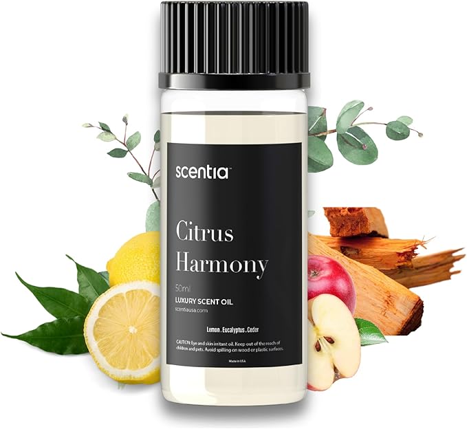 Scentia Citrus Harmony Essential Oil Blend – 50ml Bright Aromatherapy Oil with Lemon, Eucalyptus & Musk | Compact Diffuser Oil for Home, Travel, Gifting & DIY Candles